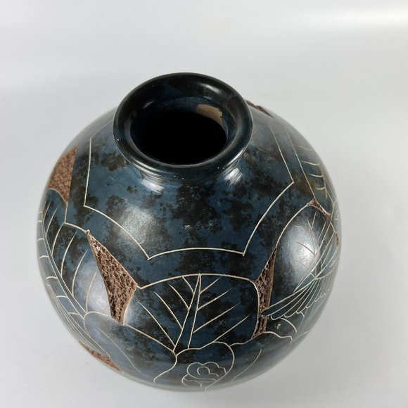 Vtg Nicaragua Vase Clay Pottery Folk Art Carved Incised Hummingbird Flower 6" - Picture 5 of 10